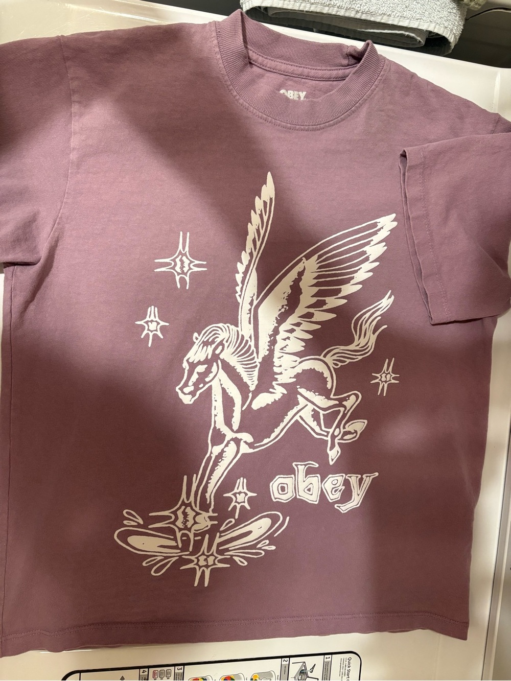Obey Women's Mauve Short-Sleeve Tee with White Pegasus Graphic XS